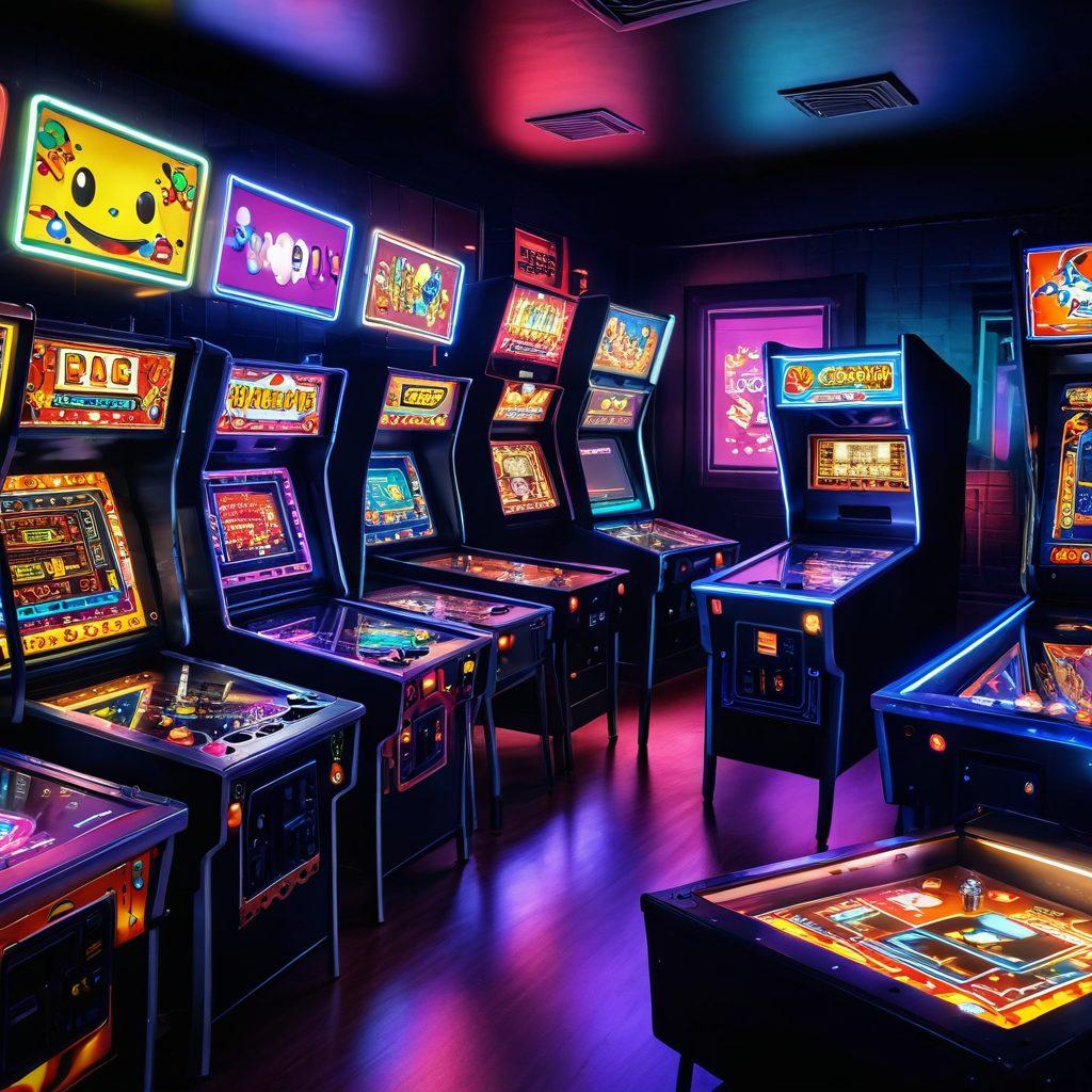 A vibrant retro arcade scene filled with classic arcade machines like Pac-Man and pinball, illuminated by colorful neon lights. Include diverse groups of friends joyfully playing together, showcasing camaraderie and excitement. Add playful pixel art elements floating around, along with nostalgic game characters dancing in the background. The atmosphere should feel lively and fun, evoking nostalgia and happiness. retro pixel art. vibrant colors. dynamic composition.