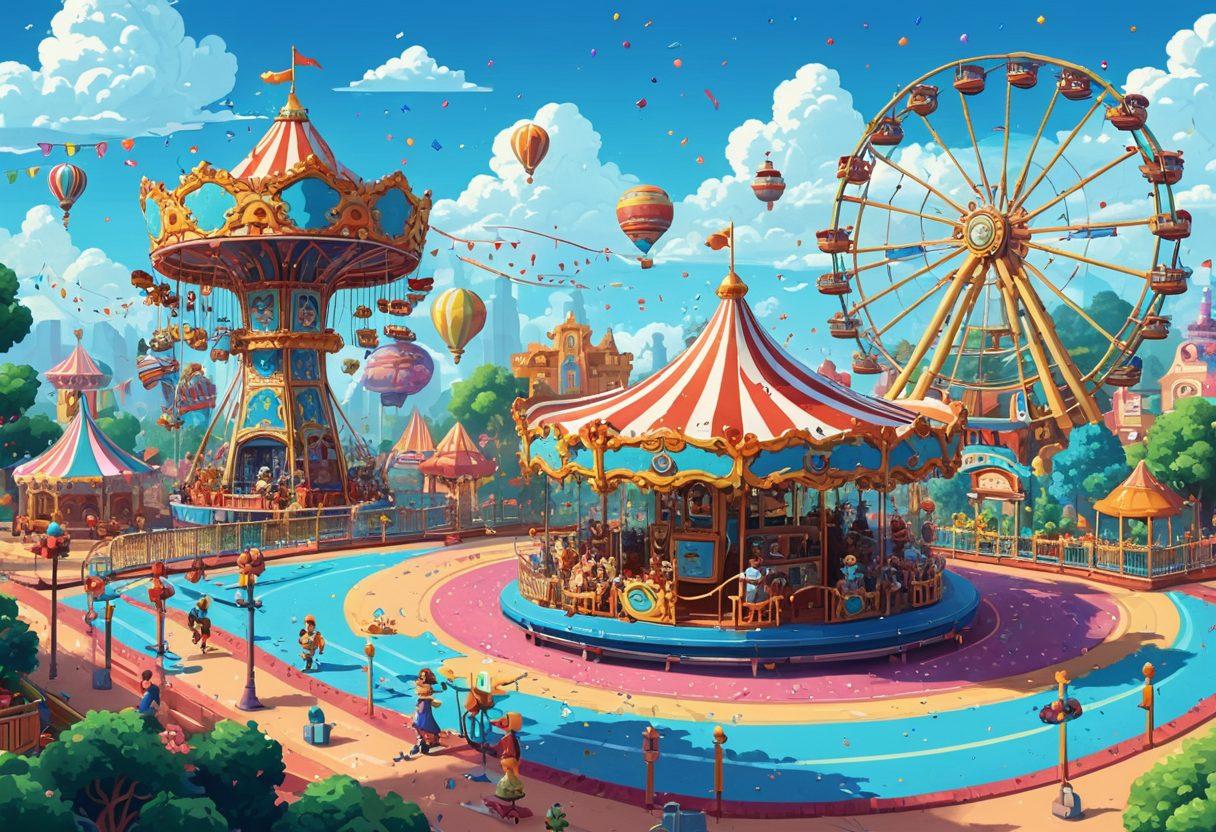 A vibrant pixel art scene featuring a whimsical amusement park filled with colorful rides like a carousel and roller coaster, surrounded by happy cartoon characters enjoying their time. The sky is a bright blue, with pixelated clouds and confetti falling around, creating a cheerful atmosphere. Include retro game elements like coins and power-ups subtly integrated into the scenery. pixel art. vibrant colors. 8-bit style.