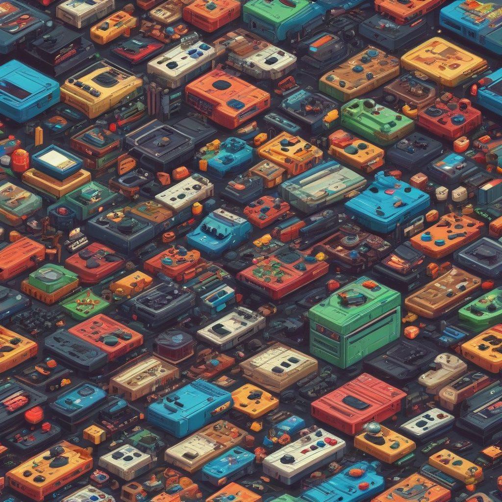 A vibrant collage of retro gaming consoles, old-school pixel art characters, and diverse players of all ages joyfully interacting. Include nostalgic game elements like 8-bit graphics, joystick controllers, and colorful, dynamic backgrounds representing various game genres. Emphasize the connection across generations with smiling faces and animated gameplay scenes. super-realistic. vibrant colors. dynamic composition.